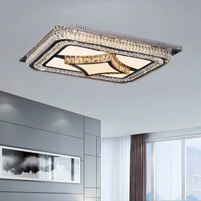 Modern Led Flushmount Ceiling Fixture With Stainless - Steel Frame And Clear Crystal Blocks