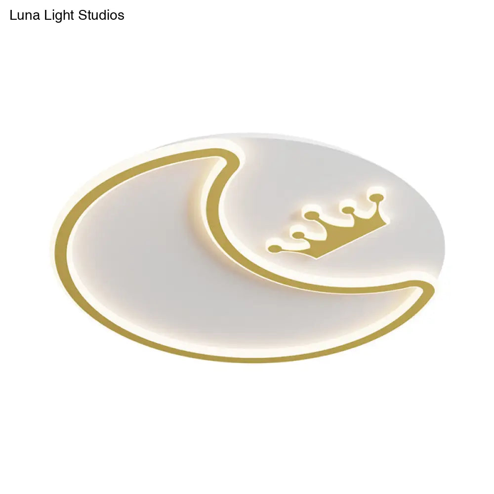 Modern Led Gold Ceiling Fixture - Crescent And Crown Design Flush Mount Light With Acrylic Shade