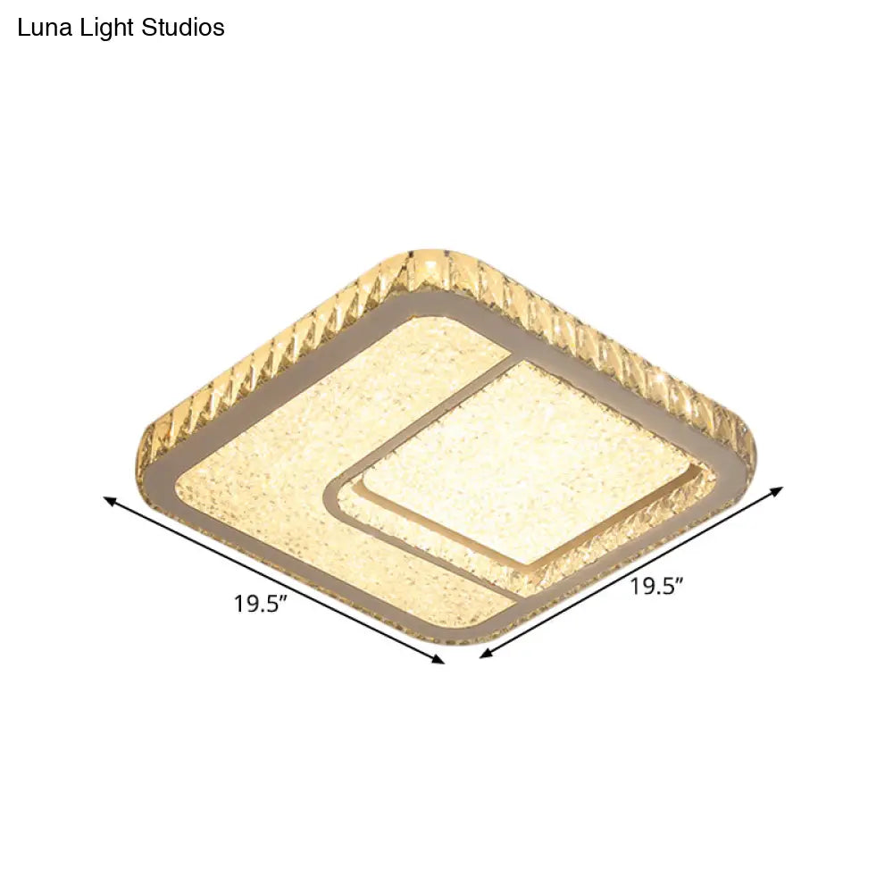 Modern Led Parlor Flushmount Ceiling Fixture With Square Crystal Shade - Chrome Finish In