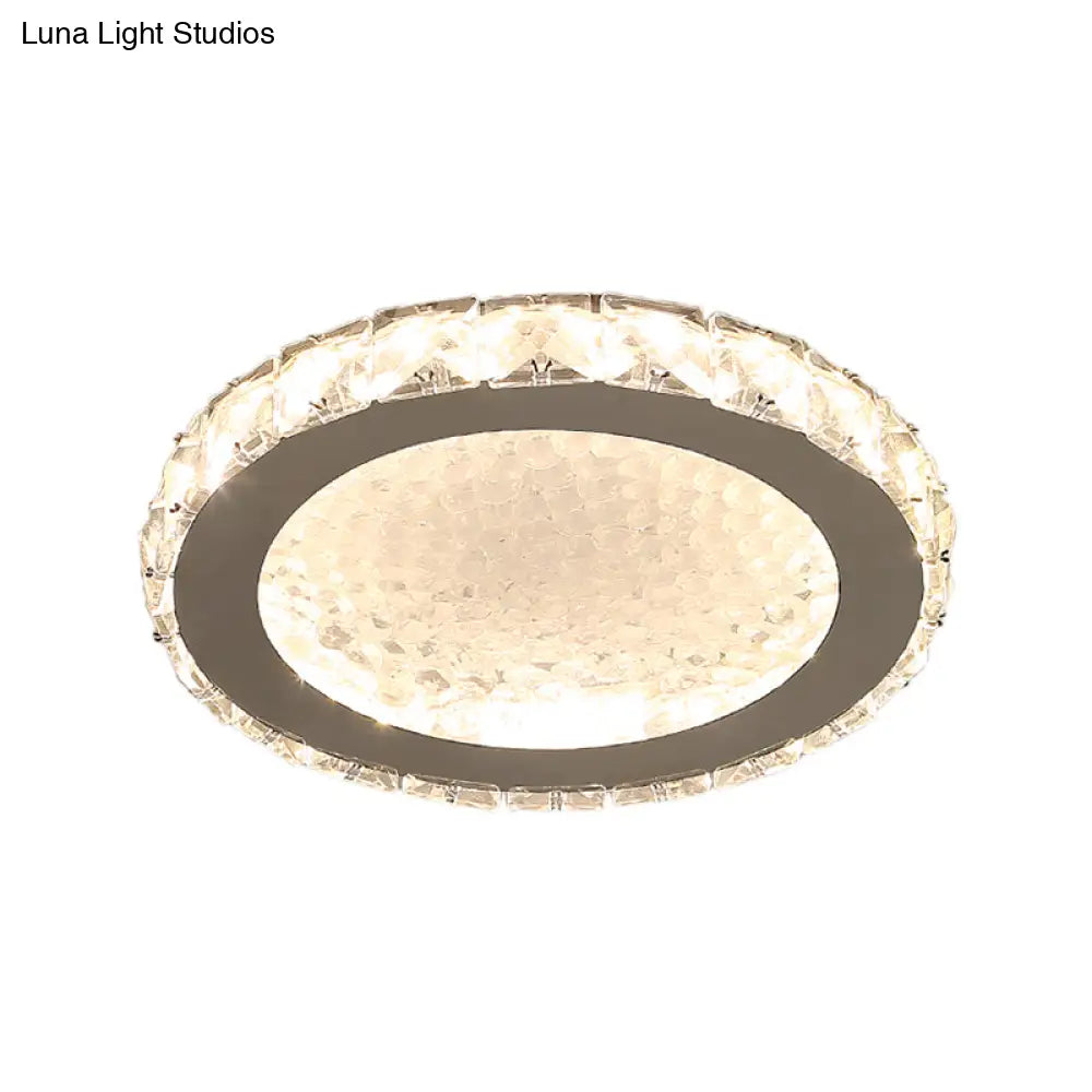 Modern Led Round Flush Mount Ceiling Light With Clear Crystal Accent In White - Warm/White Lighting