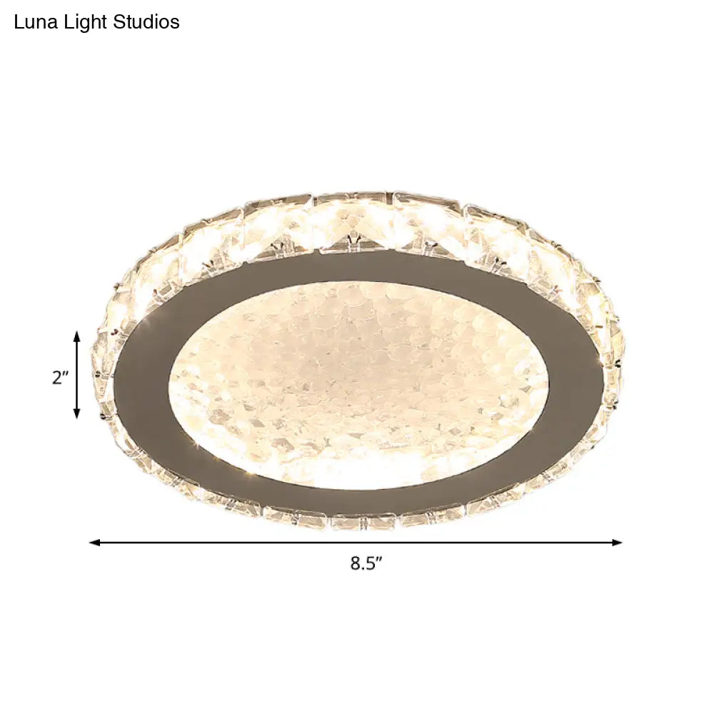 Modern Led Round Flush Mount Ceiling Light With Clear Crystal Accent In White - Warm/White Lighting
