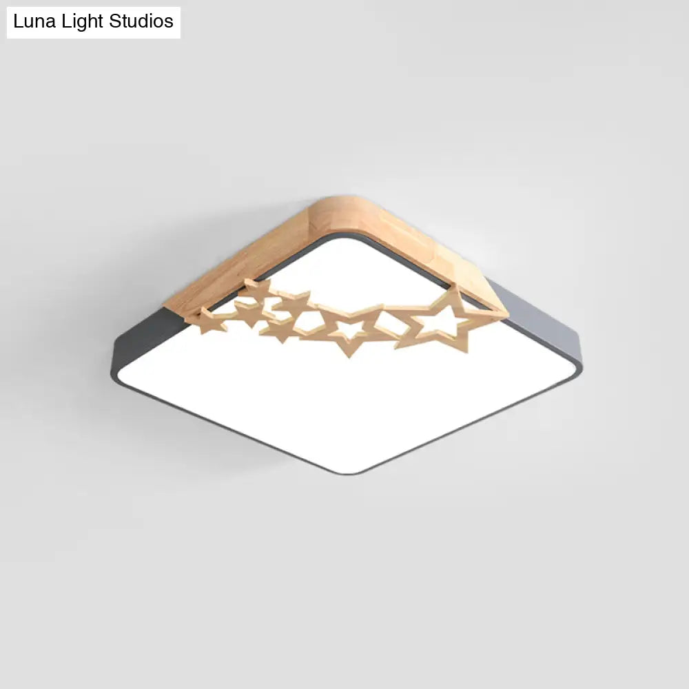 Modern Led Square Acrylic Flush Mount Lamp With Grey/White Ceiling Light Fixture And Wooden Star