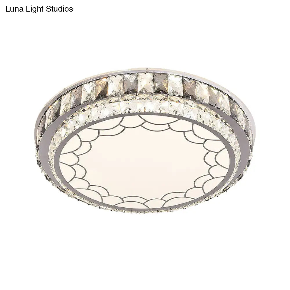 Modern Led Stainless-Steel Flushmount Light Fixture With Clear Faceted Crystal Blocks And