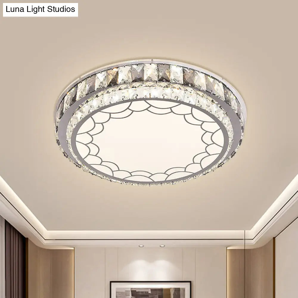 Modern Led Stainless-Steel Flushmount Light Fixture With Clear Faceted Crystal Blocks And