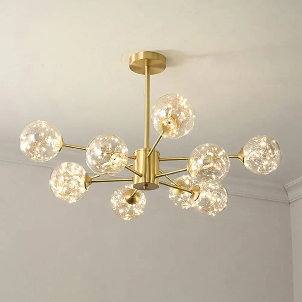 Modern Led Starry Drop Chandelier - Radial Metal Design With Clear Glass Orb Shade 10 / Gold Natural