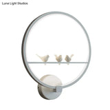 Modern Led White Circle Sconce Wall Mount Lamp With Birds Decor For Bedroom