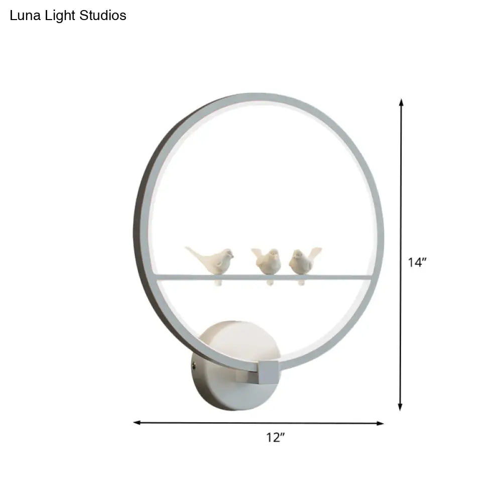 Modern Led White Circle Sconce Wall Mount Lamp With Birds Decor For Bedroom