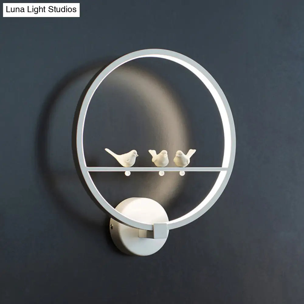 Modern Led White Circle Sconce Wall Mount Lamp With Birds Decor For Bedroom