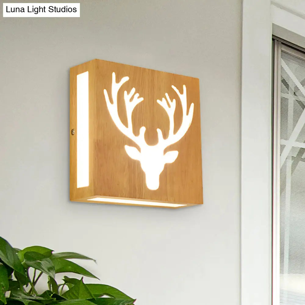Modern Led Wood Square Wall Sconce: Beige Bedside Light With Cute Pattern