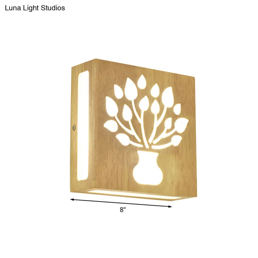Modern Led Wood Square Wall Sconce: Beige Bedside Light With Cute Pattern