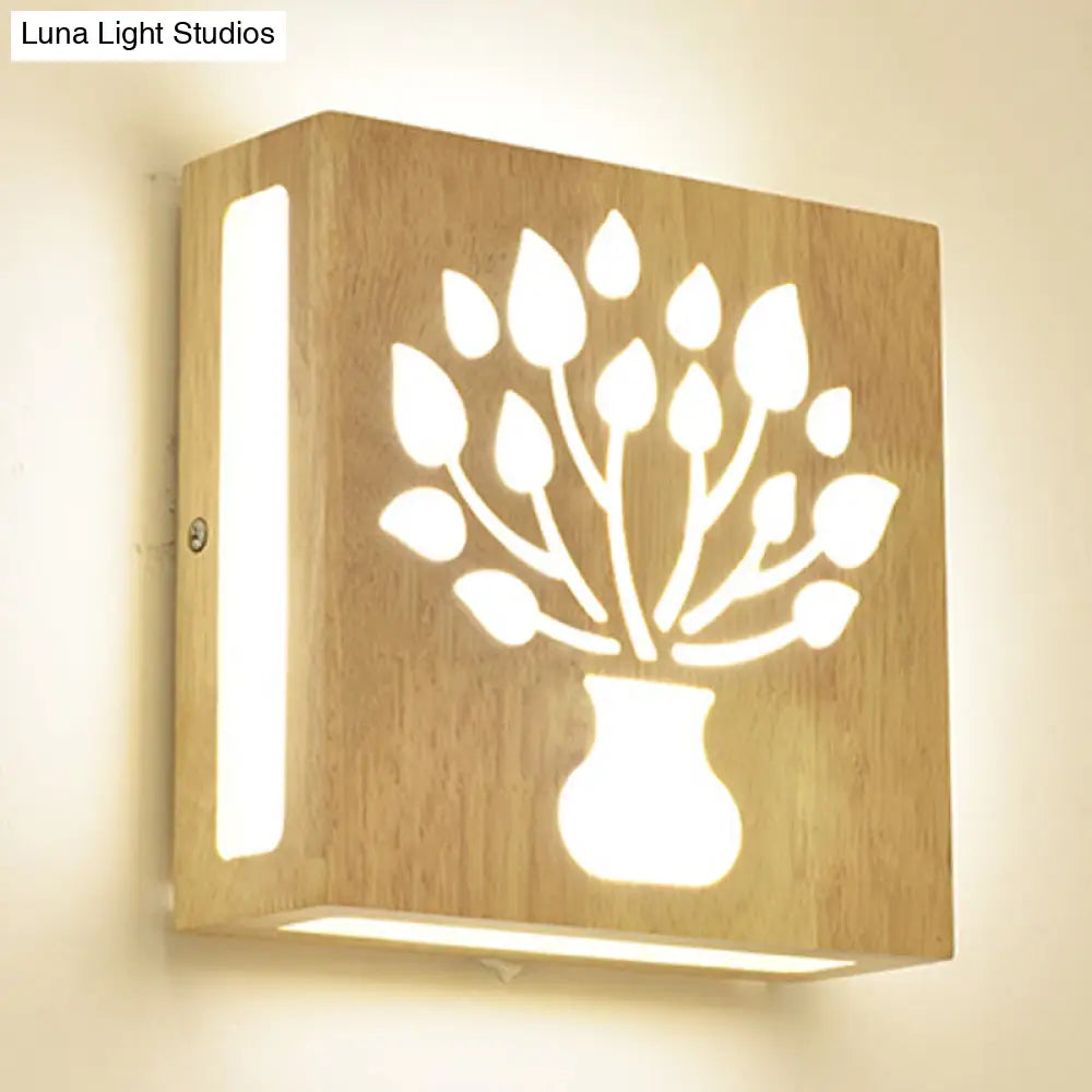Modern Led Wood Square Wall Sconce: Beige Bedside Light With Cute Pattern
