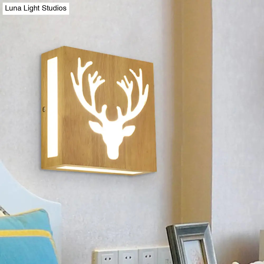 Modern Led Wood Square Wall Sconce: Beige Bedside Light With Cute Pattern