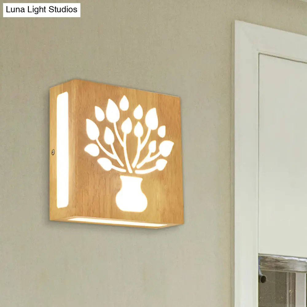 Modern Led Wood Square Wall Sconce: Beige Bedside Light With Cute Pattern