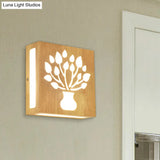 Modern Led Wood Square Wall Sconce: Beige Bedside Light With Cute Pattern