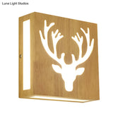 Modern Led Wood Square Wall Sconce: Beige Bedside Light With Cute Pattern