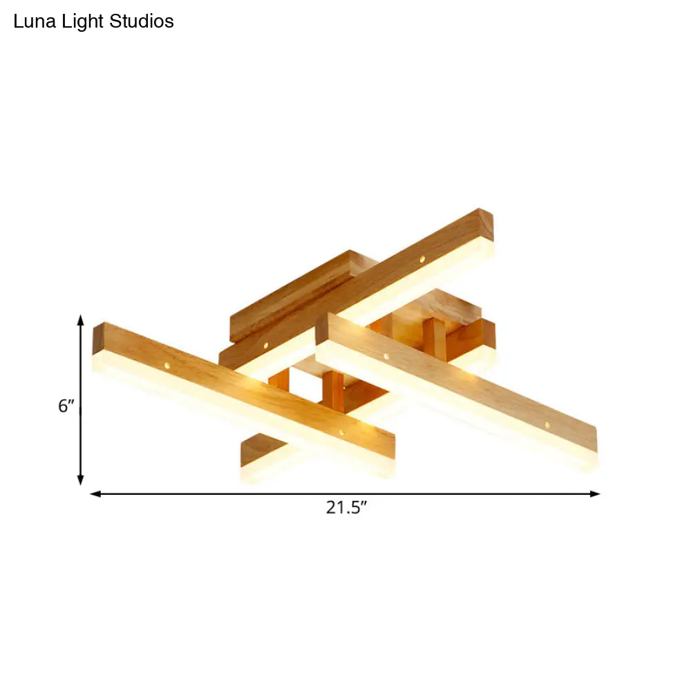 Modern Linear Wood Semi Flush Mount Ceiling Light Fixture - 4 Led Beige Lights In White/Warm Wide