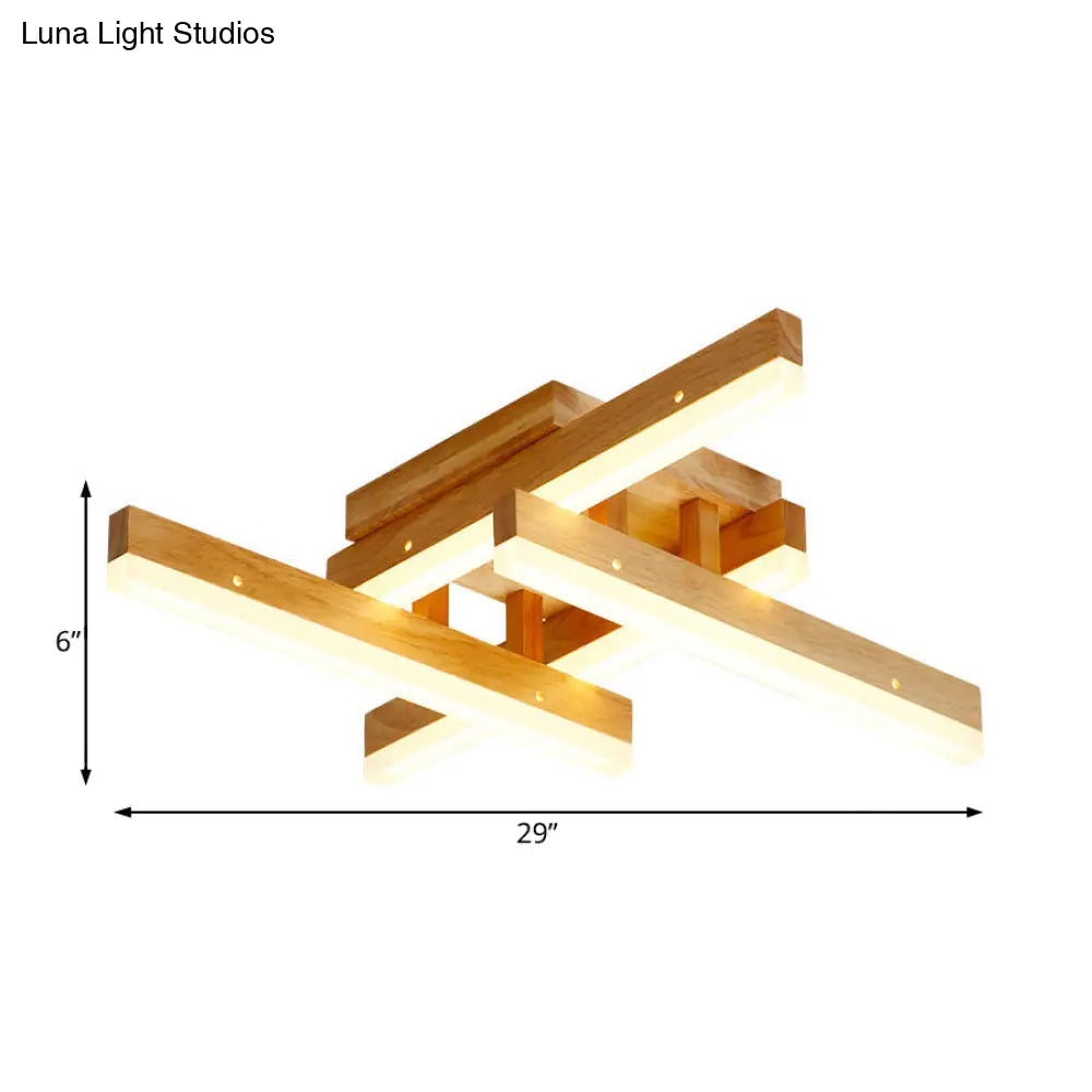 Modern Linear Wood Semi Flush Mount Ceiling Light Fixture - 4 Led Beige Lights In White/Warm Wide