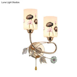 Modern Lotus Glass Wall Sconce With Gold Finish And Pull Chain - 2 Head Cylinder Lamp
