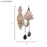 Modern Lotus Wall Light Fixture With Milky Glass Brass Sconce And Teardrop Crystal Accent