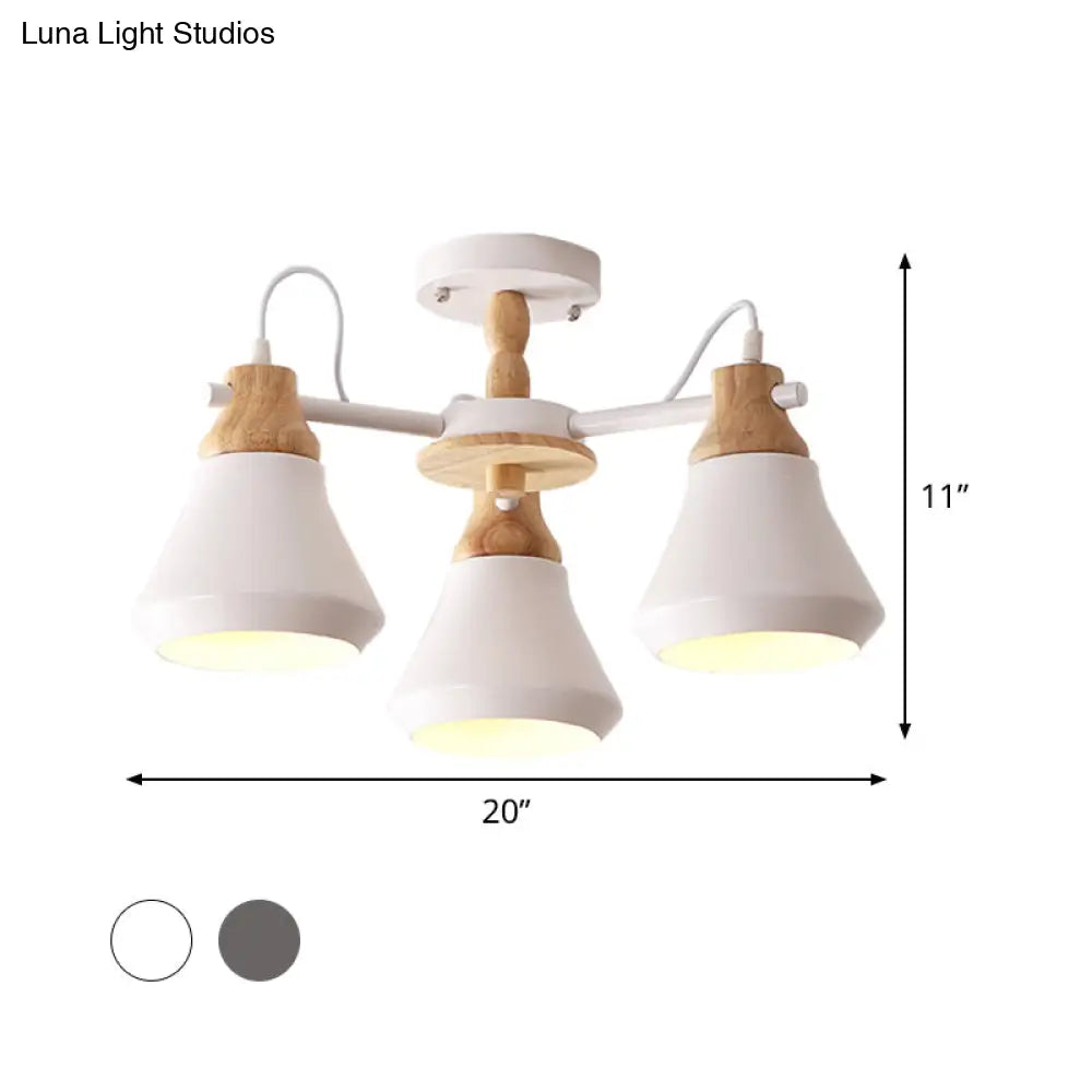 Modern Metal 3-Head Cone Flush Mount Lighting for Dining Room - Sleek Radial Semi Flush Lamp in White/Grey
