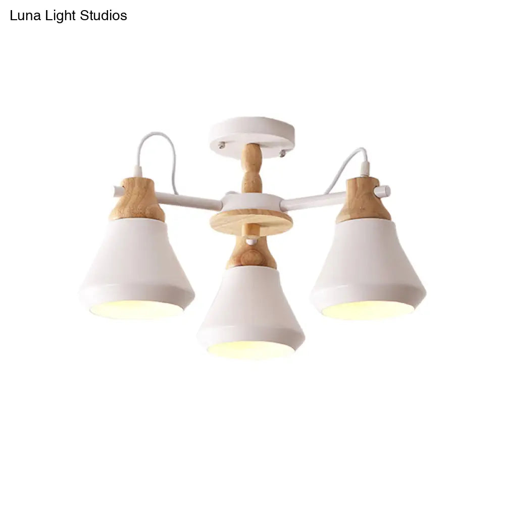 Modern Metal 3-Head Cone Flush Mount Lighting for Dining Room - Sleek Radial Semi Flush Lamp in White/Grey