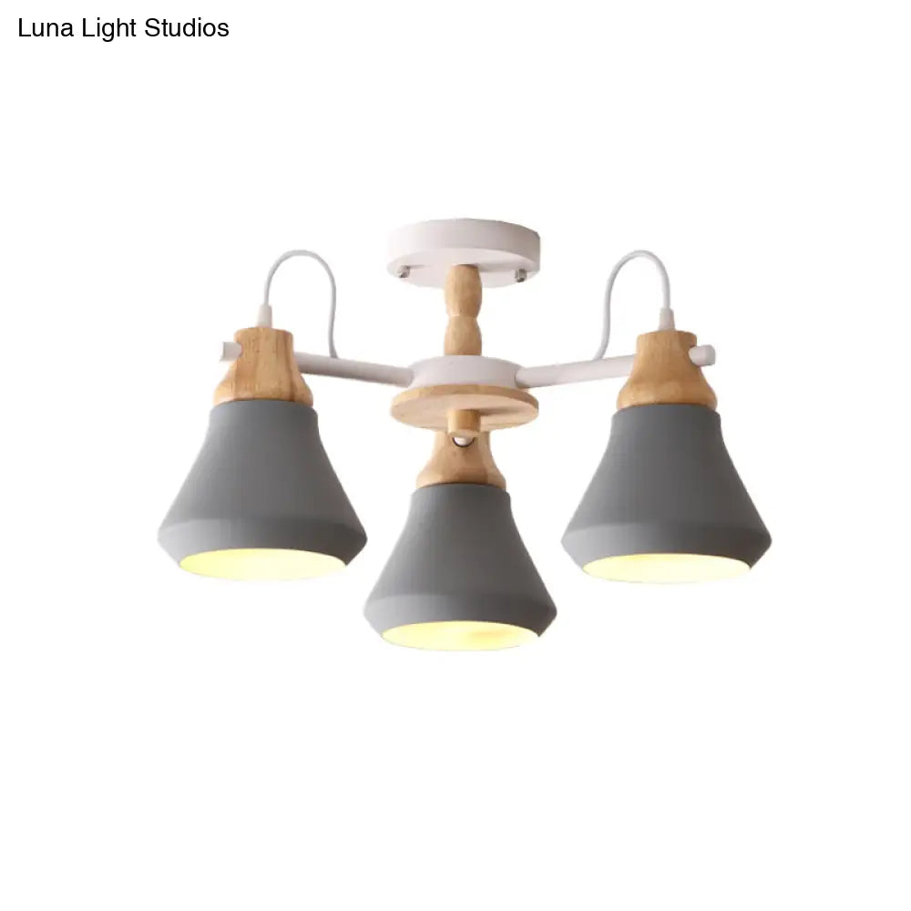 Modern Metal 3-Head Cone Flush Mount Lighting for Dining Room - Sleek Radial Semi Flush Lamp in White/Grey