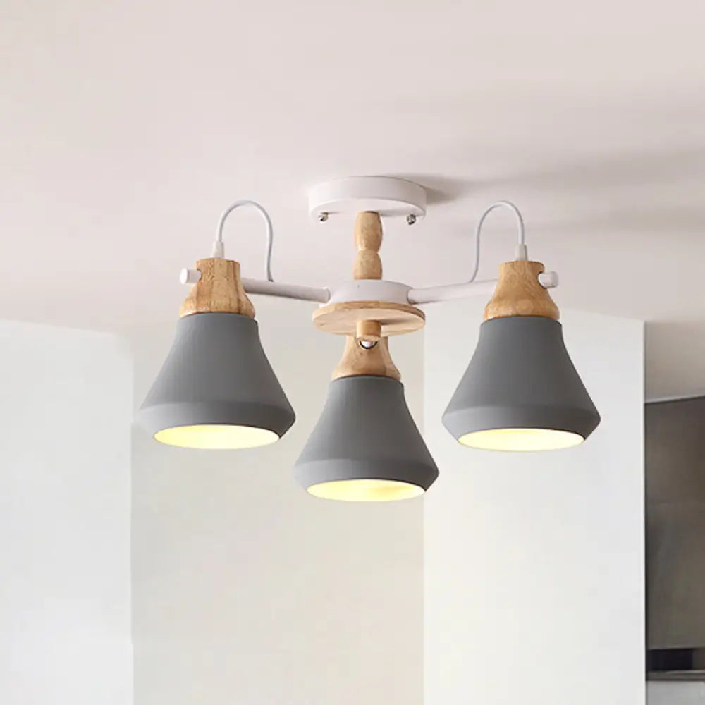 Modern Metal 3-Head Cone Flush Mount Lighting for Dining Room - Sleek Radial Semi Flush Lamp in White/Grey Grey