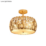 Modern Metal And Crystal Drum Semi Flush Mount With 3 Lights In Gold Finish