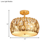 Modern Metal And Crystal Drum Semi Flush Mount With 3 Lights In Gold Finish