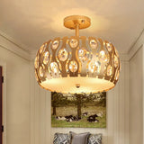 Modern Metal And Crystal Drum Semi Flush Mount With 3 Lights In Gold Finish