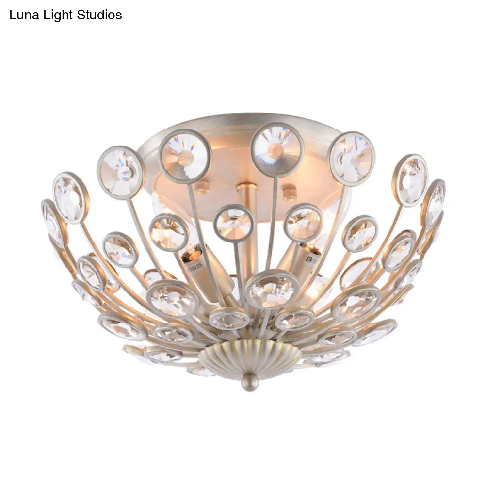 Modern Metal And Crystal Peacock Flush Light Fixture - 3 Lights Champagne Ceiling Mounted Design
