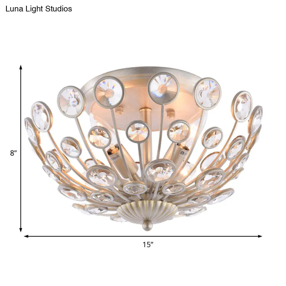 Modern Metal And Crystal Peacock Flush Light Fixture - 3 Lights Champagne Ceiling Mounted Design