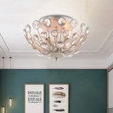 Modern Metal And Crystal Peacock Flush Light Fixture - 3 Lights Champagne Ceiling Mounted Design