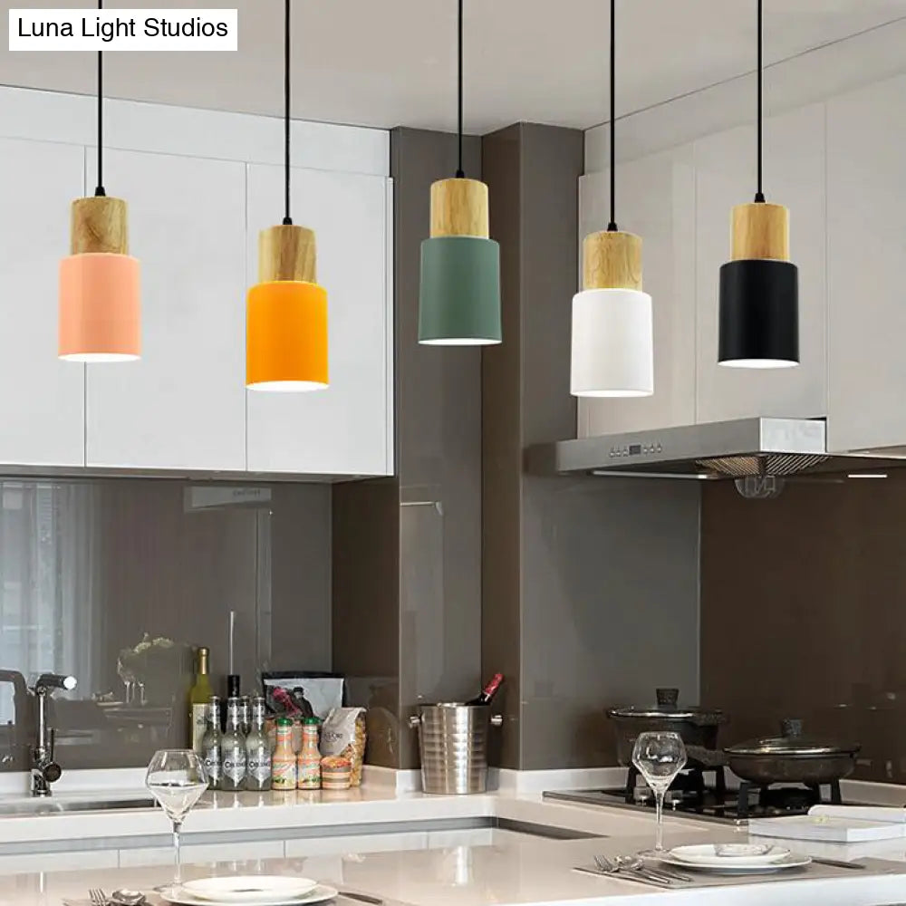 Modern Metal And Wood Hanging Lamp - 1 Light Pendant For Office Hallways