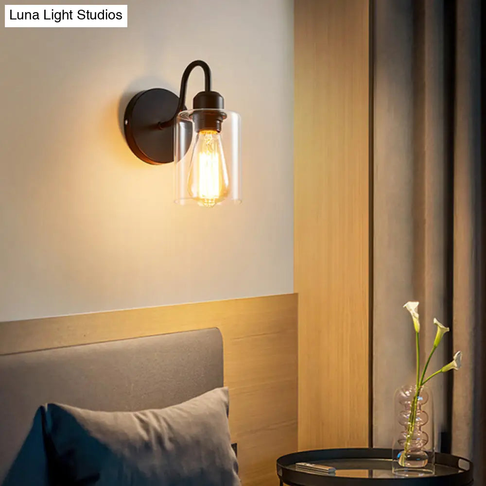 Modern Metal Arm Wall Sconce With Cylinder Glass Shade - Ideal For Bedroom Lighting