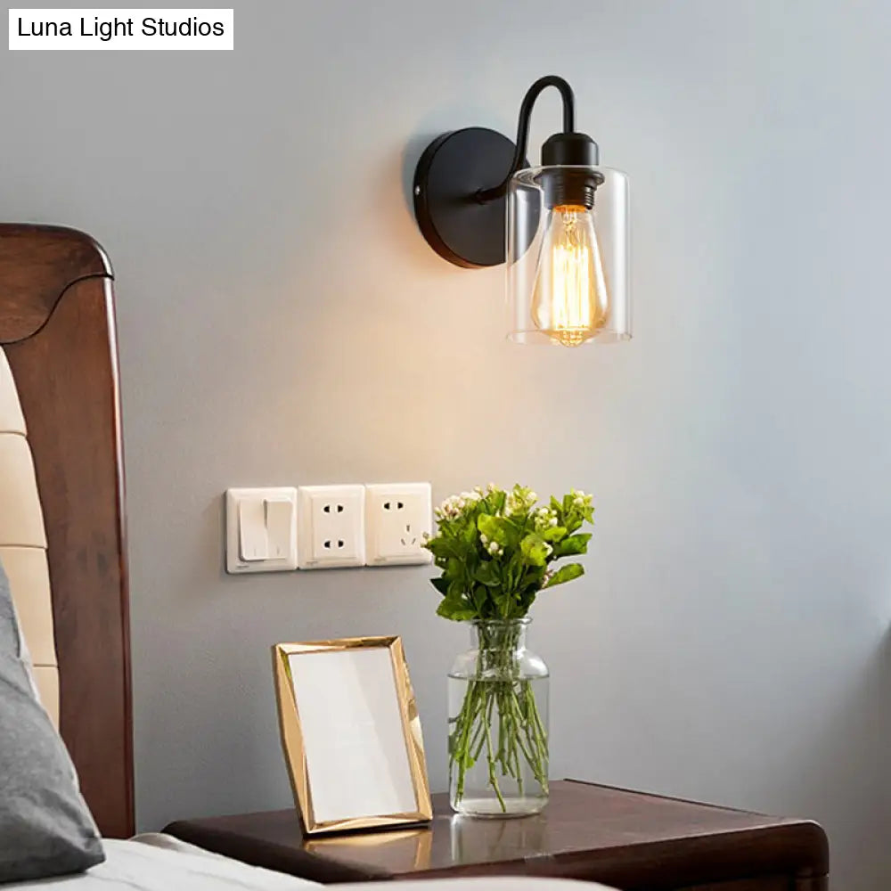 Modern Metal Arm Wall Sconce With Cylinder Glass Shade - Ideal For Bedroom Lighting