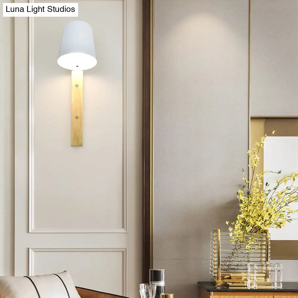 Modern Metal Bell Wall Lamp - 1 Head Black/White Sconce Light Fixture With Wood Backplate