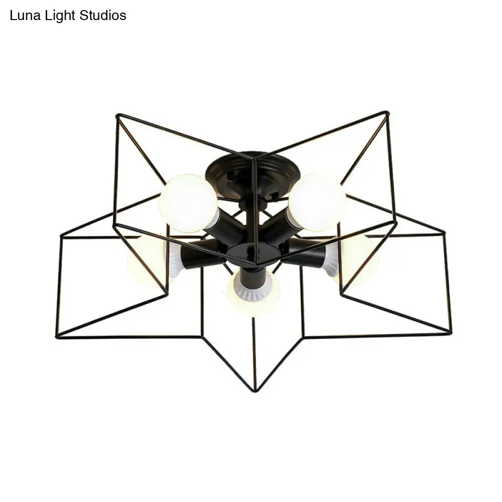 Modern Metal Ceiling Light Fixture For Bedroom - Pentagram Cage Semi Flush Mount Lamp With 5 Bulbs