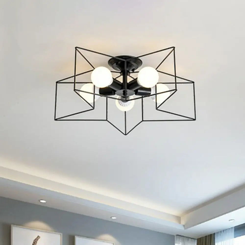 Modern Metal Ceiling Light Fixture For Bedroom - Pentagram Cage Semi Flush Mount Lamp With 5 Bulbs