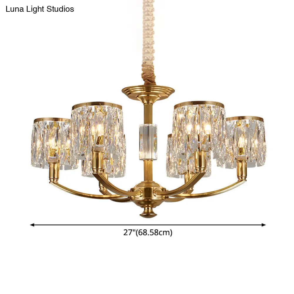 Modern Metal Chandelier With Brass Arced Arm And Prismatic Crystal Shade