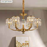 Modern Metal Chandelier With Brass Arced Arm And Prismatic Crystal Shade