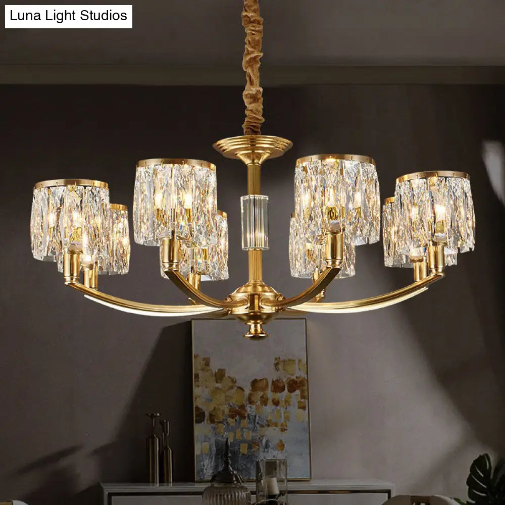 Modern Metal Chandelier With Brass Arced Arm And Prismatic Crystal Shade