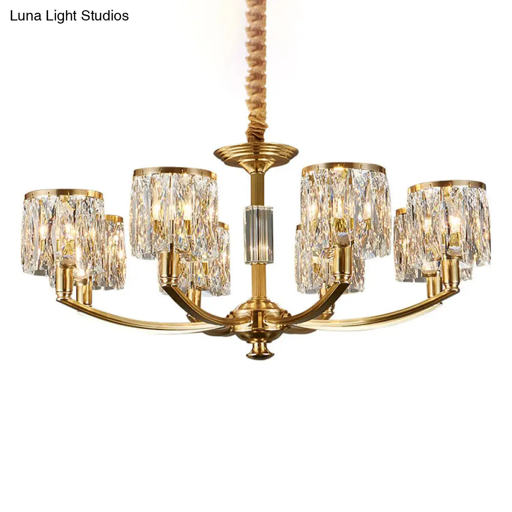 Modern Metal Chandelier With Brass Arced Arm And Prismatic Crystal Shade