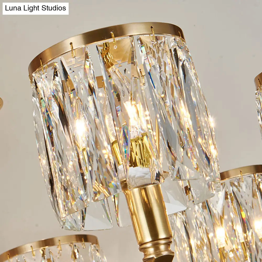 Modern Metal Chandelier With Brass Arced Arm And Prismatic Crystal Shade