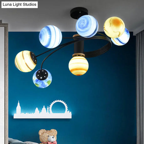 Modern Metal Chandelier With Handblown Glass Shades - 7-Light Semi-Flush Ceiling Light In Black