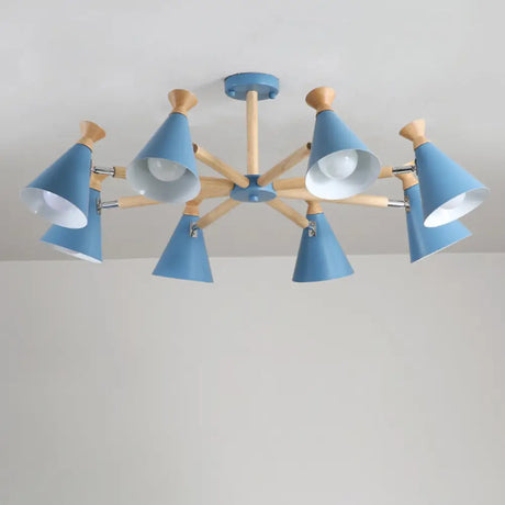 Modern Metal Cone Chandelier With 8 Bulbs - Stylish Pendant Light Fixture For Living Room Wood Cork