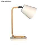 Modern Metal Conical Reading Book Light - White Table Lamp With Slim Wood Arm