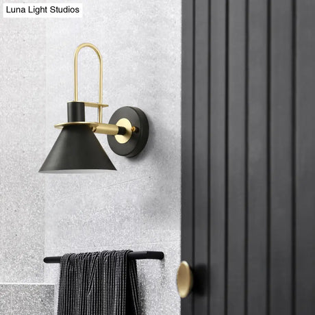 Modern Metal Conical Wall Mount Lamp With Arched Brass Arm - 1-Bulb Light Fixture