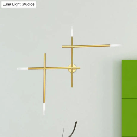 Modern Metal Crossed Lines Wall Sconce Light - 4-Light Black/Gold Lamp In Warm/White