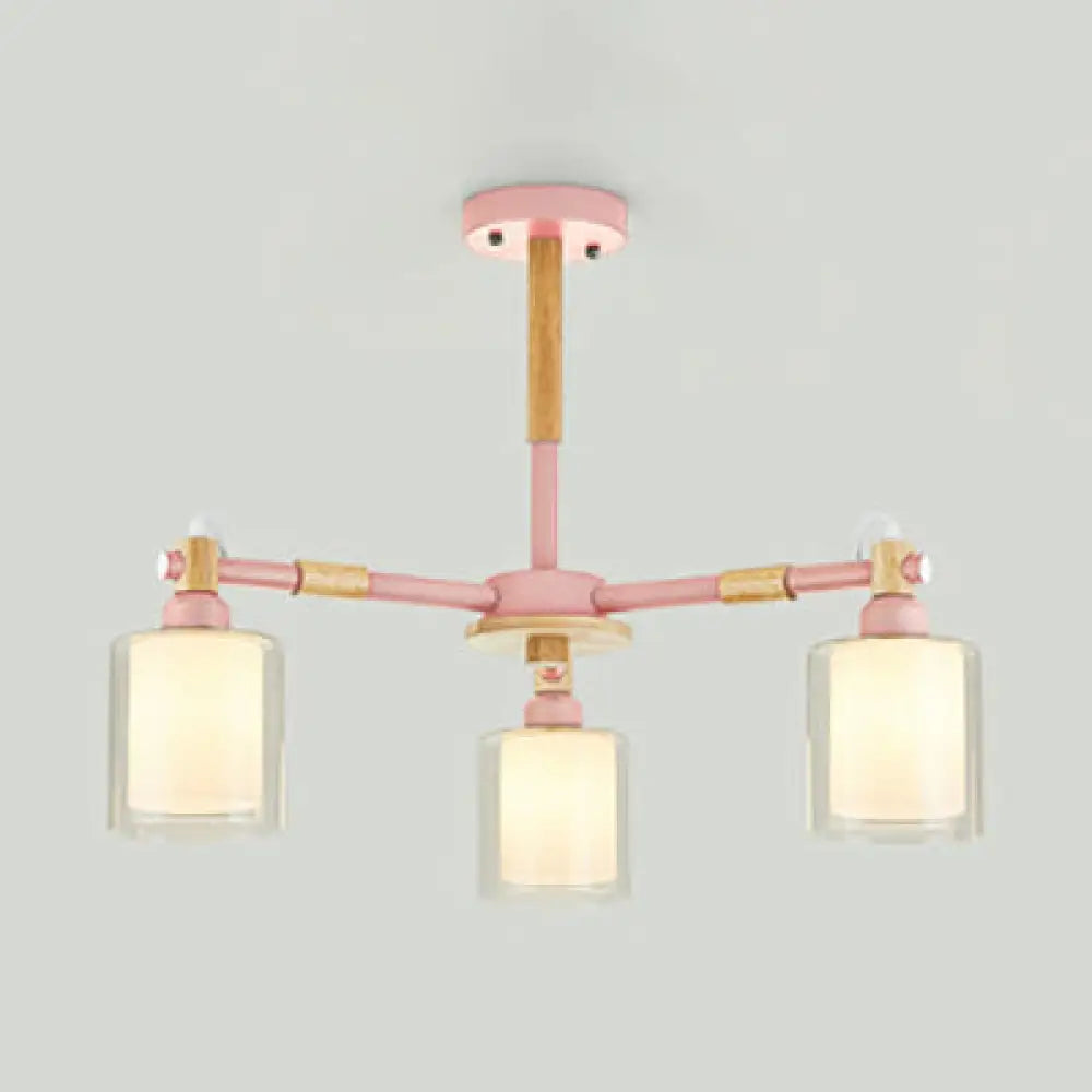 Modern Metal Cylinder Pendant Light Fixture With 3 Lights - Living Room Lighting Pink